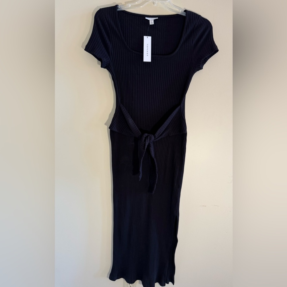 TOPSHOP Black Rib Knit Tie Waist Slit Bodycon Stretch Midi Dress SZ 8 US NWT‎